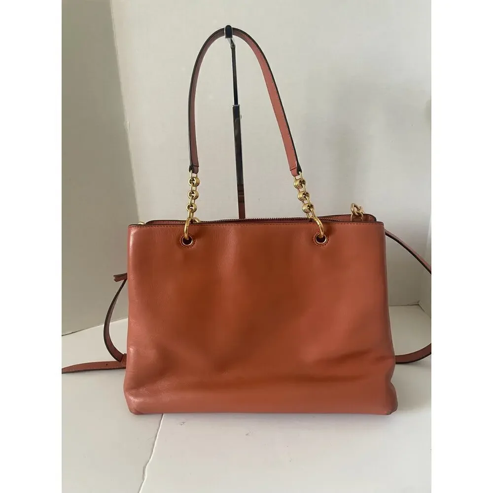 Tory Burch Lily Triple Compartment Large Leather Tote Handbag TRAMONTO Gold 🗣